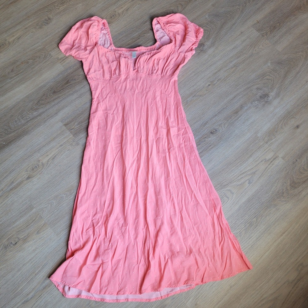 A New Day Womens Midi Dress Medium Coral Pink‎ Rayon Polka Dot Cottagecore Boho